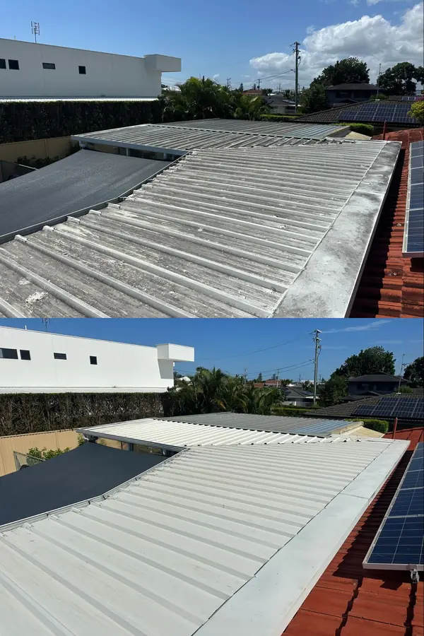 Colorbond roof before and after soft washing in Burleigh Heads, Gold Coast