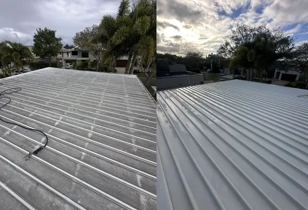 Colorbond roofing after a soft wash clean in Carrara, Gold Coast