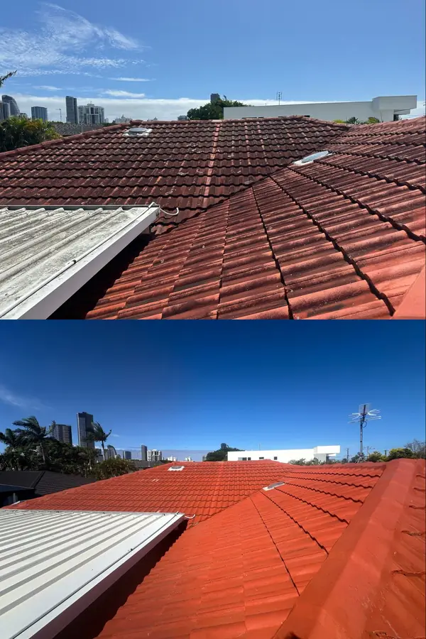 Colorbond and tile roof cleaned by soft washing in Burleigh Heads, Gold Coast