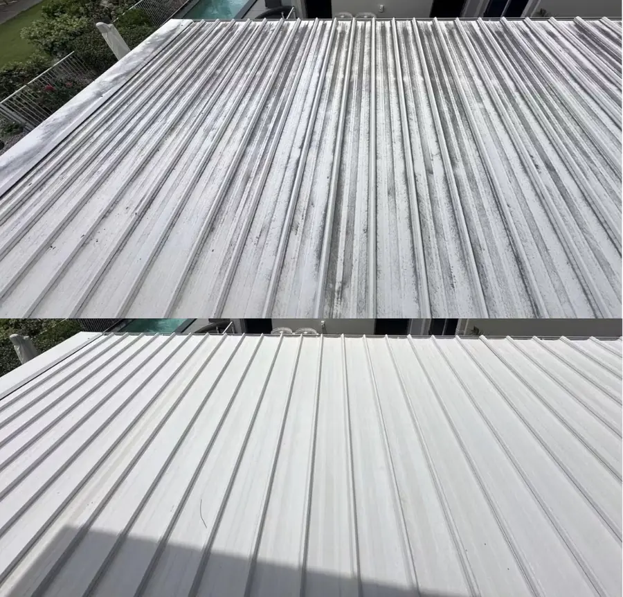 White Colorbond roof in Robina before and after soft washing, mould streaking removed