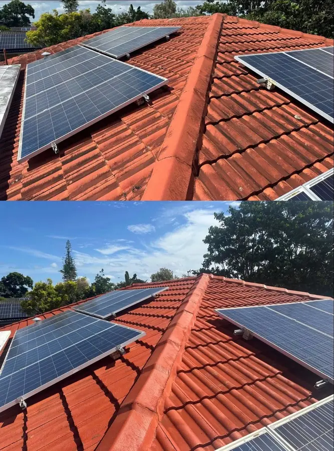 Terracotta tile roof with solar panels in Southport, before and after a soft wash