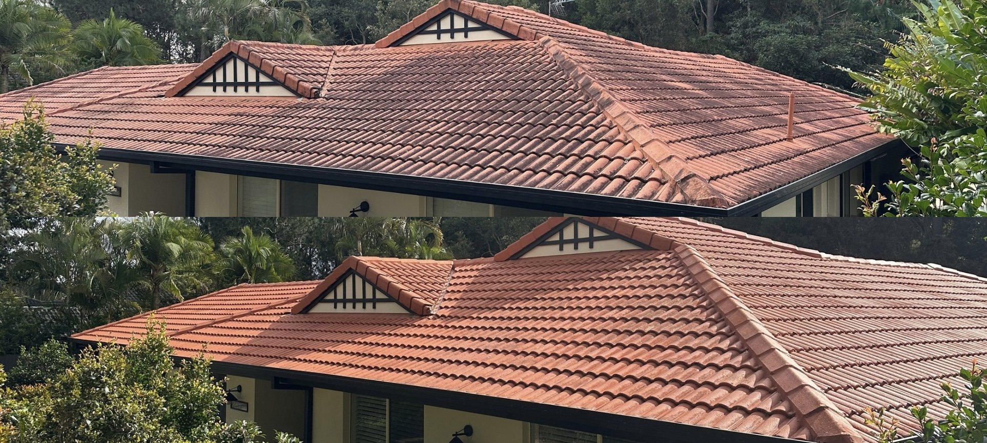 Tile roof before and after a soft wash
